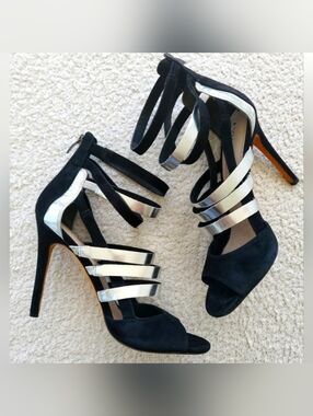 Via Spiga Black and Silver Strappy Heels